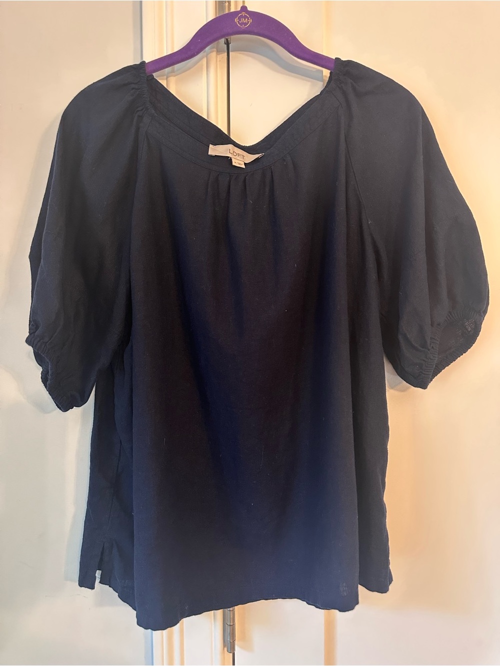 LOFT Navy Puff-Sleeve Cotton Blend Peasant Top